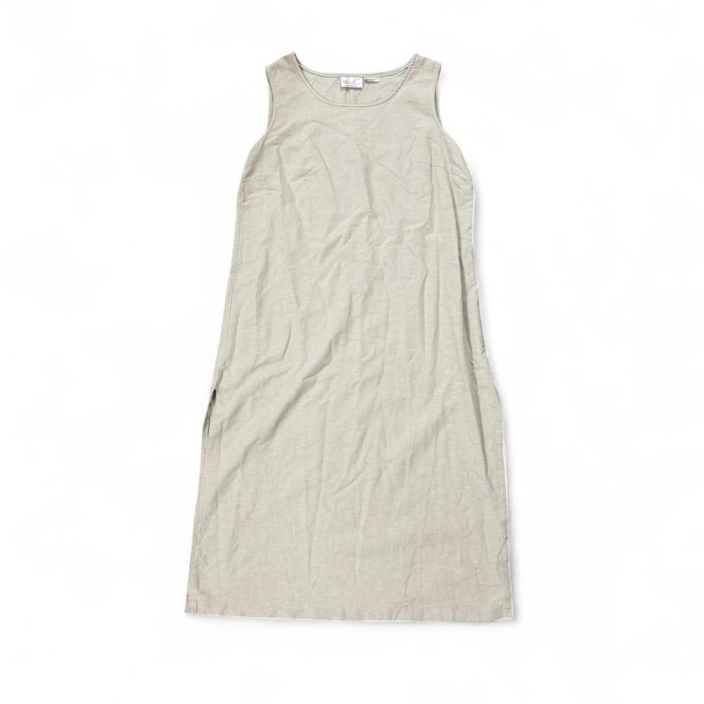 Vintage Linen Neutral Long Slit Tank Maxi Dress Sleeveless Minimalist Size M/L